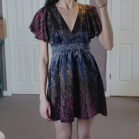 Silk fit and flare flutter sleeve mini dress - Picture 3 of 13